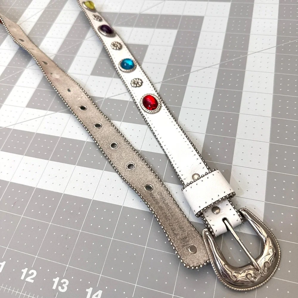 Vintage 80s Jeweled Cabochon Genuine Leather Belt M/L White Multicolor Festival